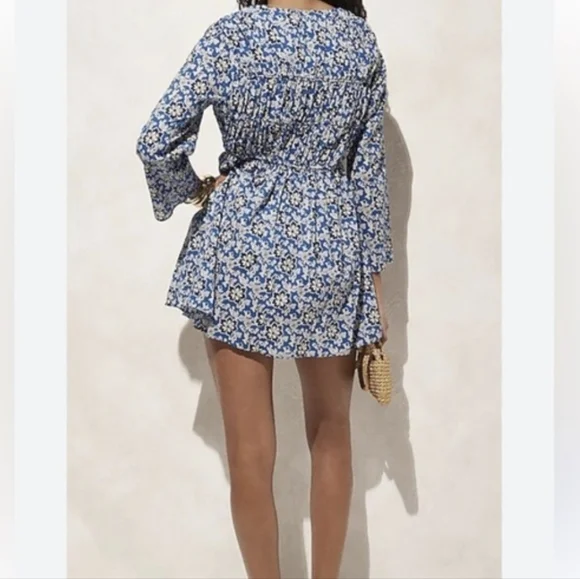 J. Crew Tiered Tie Front Beach Dress Cobalt Blue Floral Cotton Vneck Mini Sz XS - Picture 2 of 16